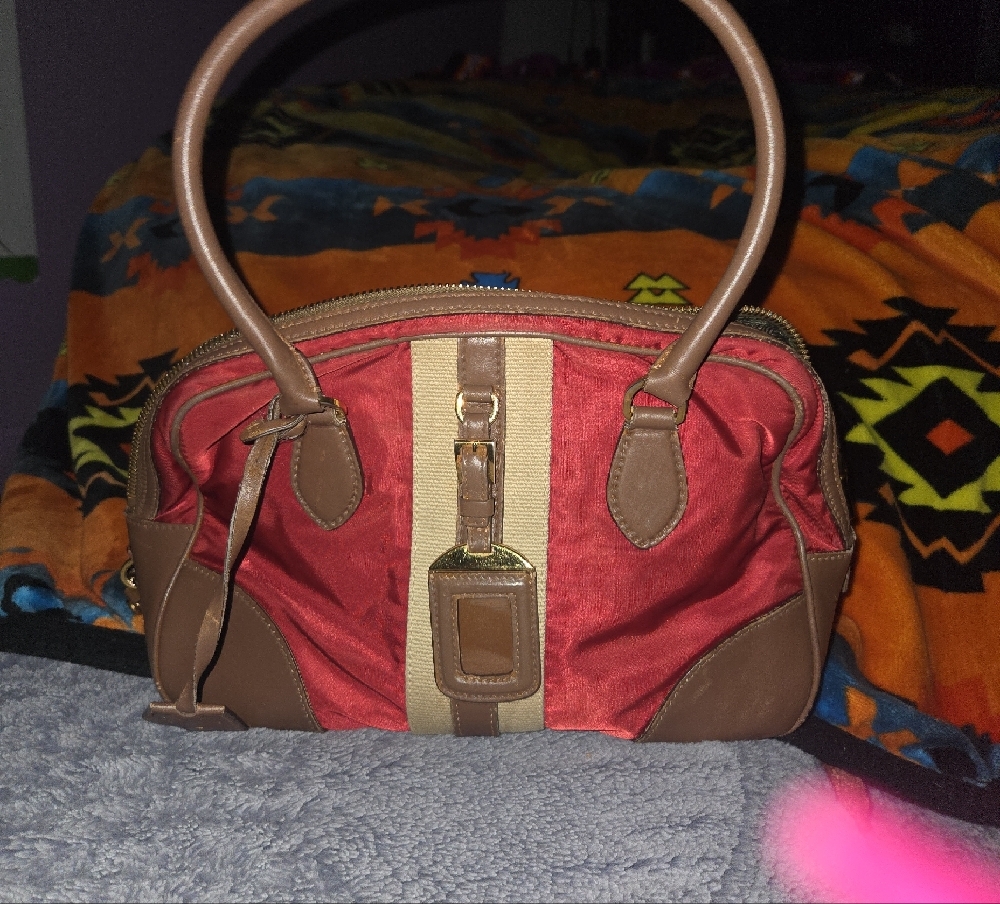 Prada Red and Brown Satchel with Beige Stripe - Picture 4 of 10